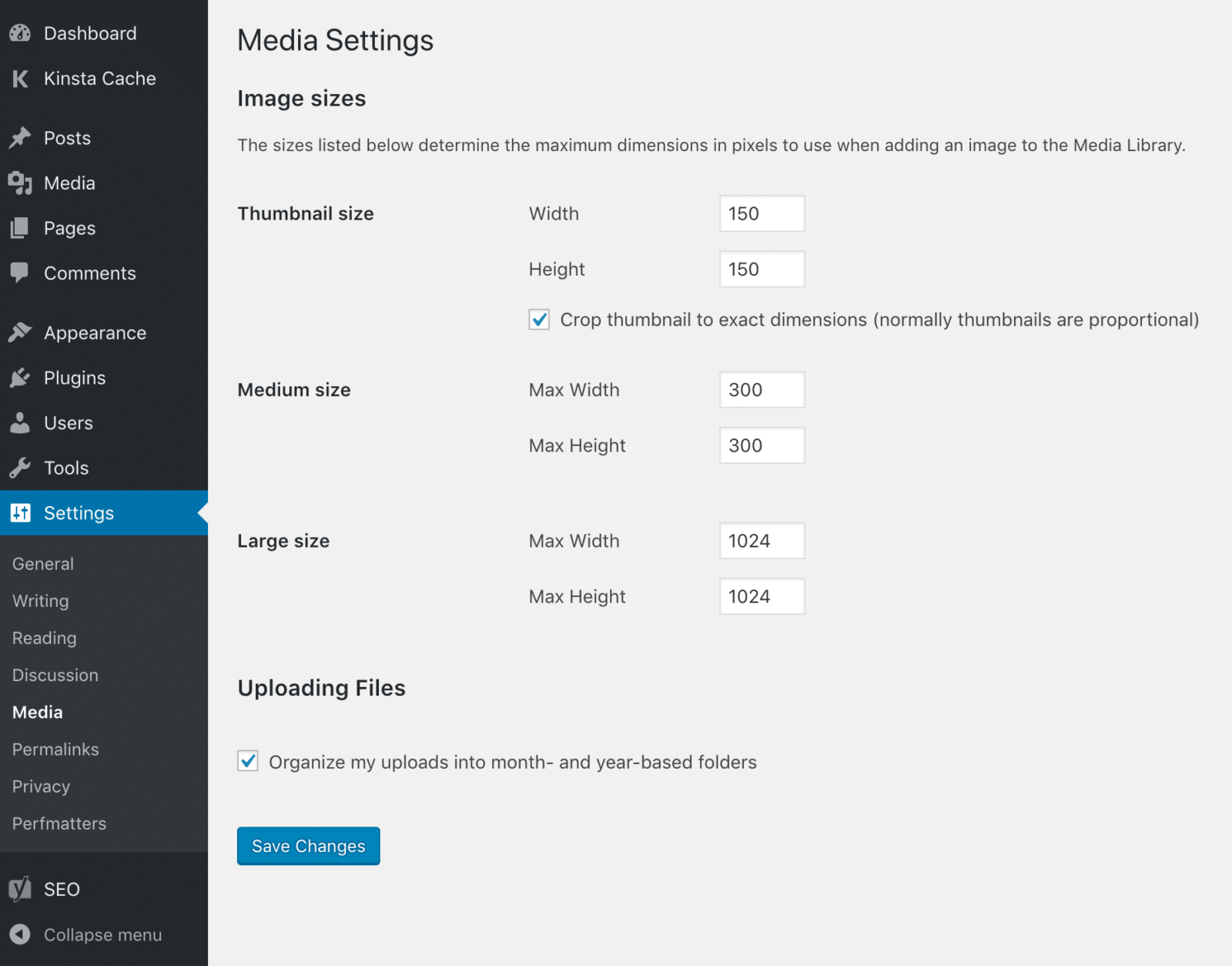 WordPress media settings