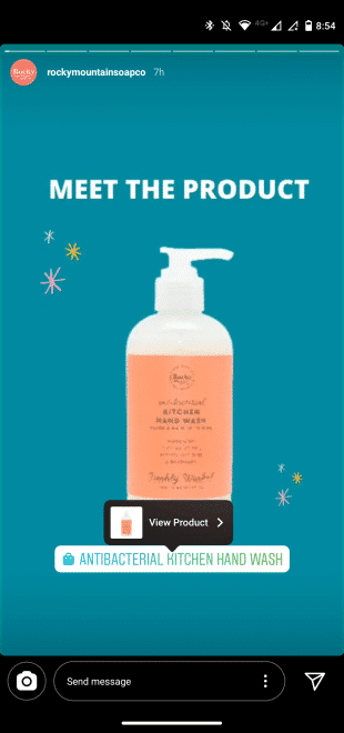 Shoppable Rocky Mountain Soap Co. Instagram Story ad featuring hand soap