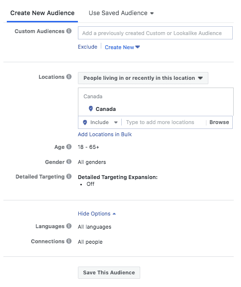 Instagram ads audience targeting options, including age, gender, location, languages, connections