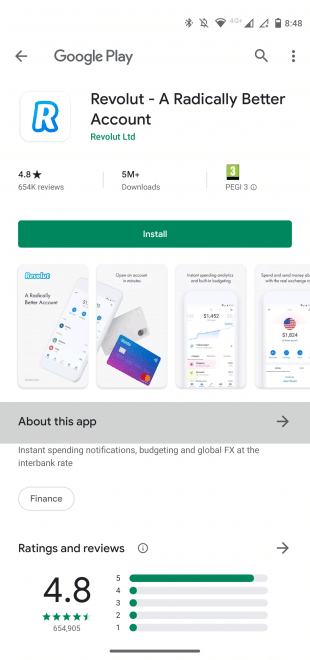 Instagram ad landing page (app on Google Play store) by Revolut