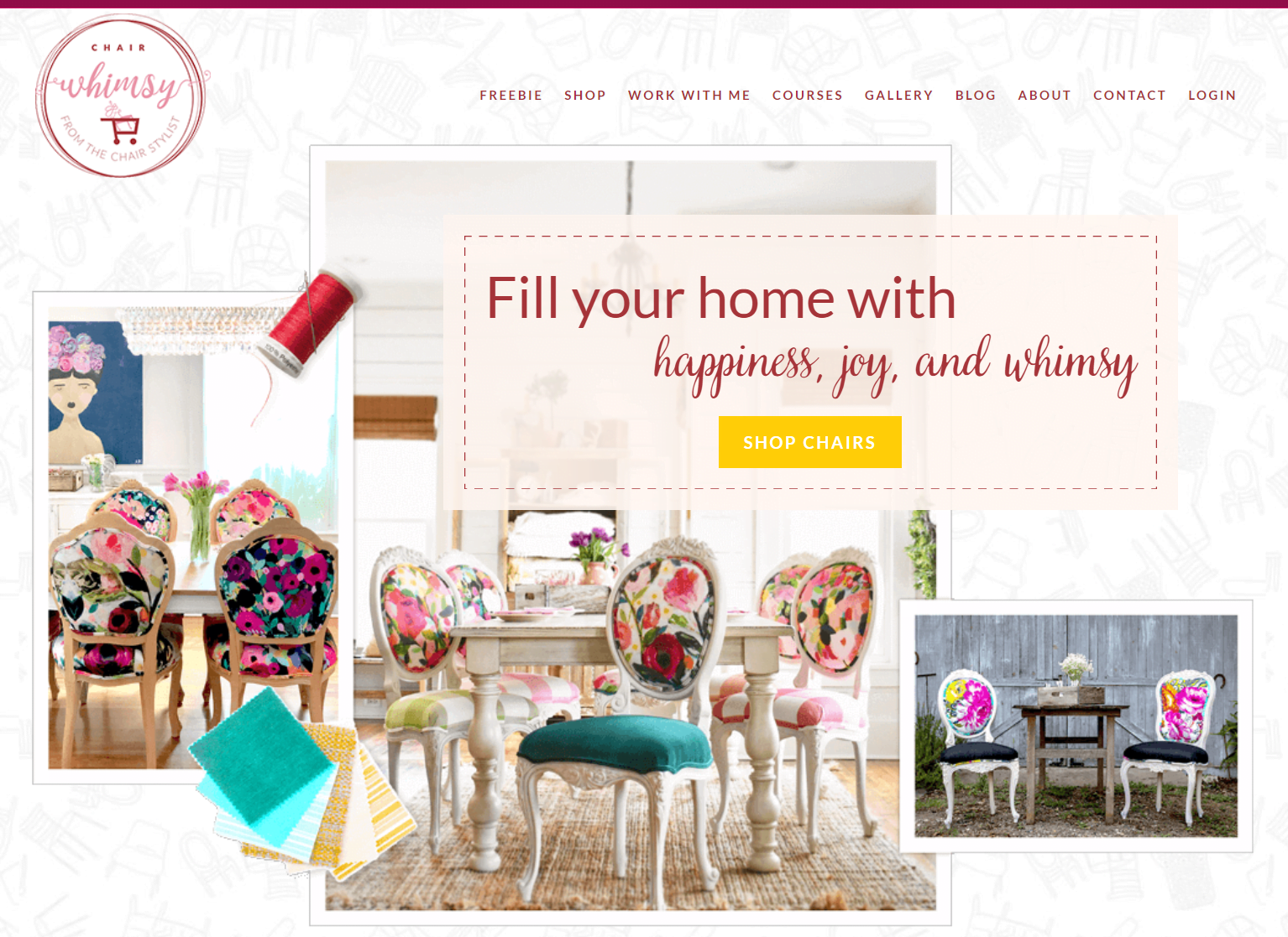 Screenshot of the Chair Whimsy website with a banner saying Fill Your home with happiness, joy, and whimsy