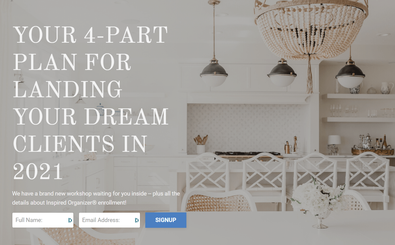 Screenshot of a landing page for "your 4-part plan for landing your dream clients in 2021"