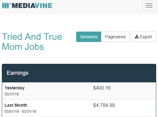 How I Make Money Blogging Consistently screenshot of earnings on mediavine