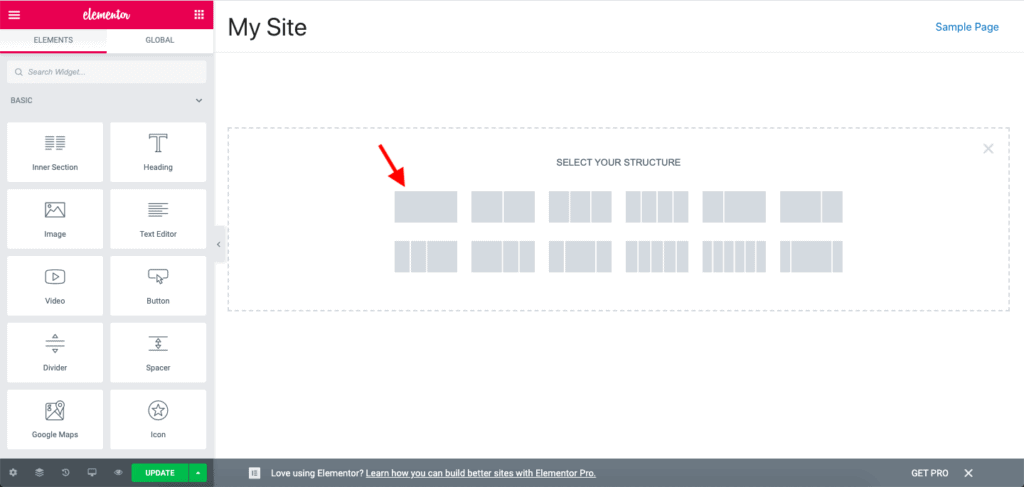 Select Section structure in Elementor