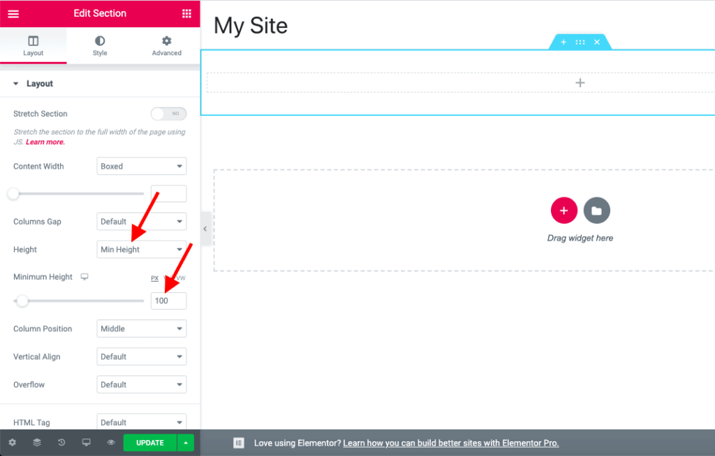 Set Minimum Height for Section in Elementor