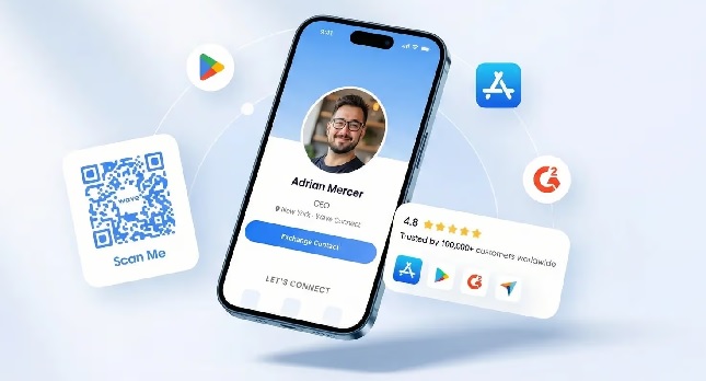 Wave Connect digital business card platform showing QR code and NFC card sharing options