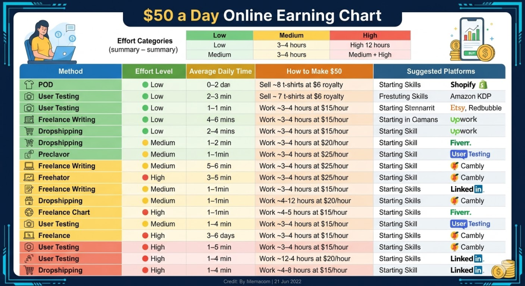 A detailed infographic structured as a professional comparison table, titled "$50 a Day Online Earning Chart." The chart is organized into colored columns: Method, Effort Level (Low, Medium, High), Average Daily Time, How to Make $50, and Suggested Platforms. The effort levels are clearly differentiated by color-coded dots (green for low, yellow for medium, red for high). Each of the 30 rows features a unique method, represented by a small illustrative icon (e.g., a shirt for Print on Demand, a camera for User Testing). The chart lists specific examples for each method, such as "KDP Low-Content (Low effort): Sell ~15 journals at $3.50 royalty, using platforms like Amazon KDP." The infographic includes a brief summary table at the top explaining the effort categories and small decorative illustrations of people working on laptops and mobile devices. The overall style is modern and clean, with a clear typography and a balanced color palette of blues, greens, yellows, and oranges on a clean background, framed by decorative digital borders.