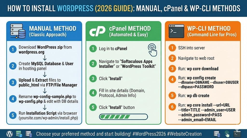 How To Install WordPress: Automatic vs. Manual Methods 2 How to Install WordPress (2026 Guide): Manual, cPanel & WP-CLI Methods