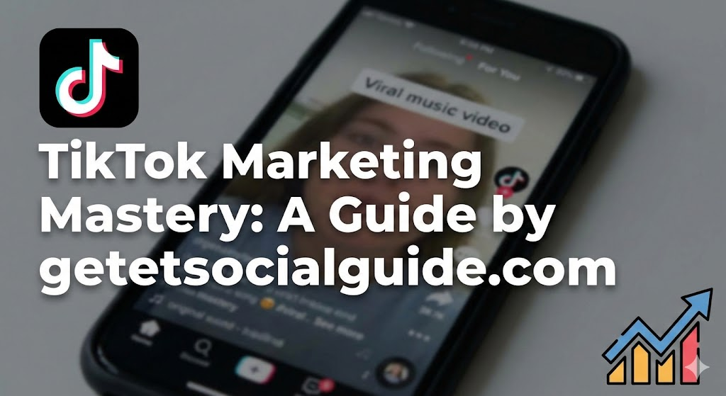 A smartphone displaying the TikTok app with text overlay "TikTok Marketing Mastery: A Guide by getsocialguide.com" and a growth icon.