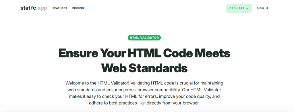10 Top HTML Validators to Detect Errors and Optimize Your Code 13 Static.app free online HTML Validator tool interface with file upload and paste options, showing W3C standards validation results with error types, line numbers, and suggestions — a clean browser-based tool with no download required for validating HTML files