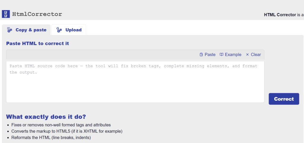 10 Top HTML Validators to Detect Errors and Optimize Your Code 14 HTML Corrector tool interface showing original invalid HTML input on left and auto-corrected valid HTML output on right — a unique validator that not only identifies markup errors but automatically rewrites and fixes them into valid HTML5 code