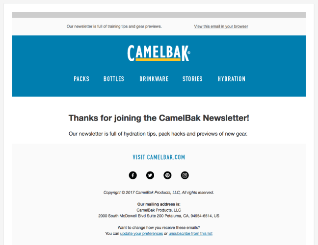 CamelBak minimalist welcome email with social links
