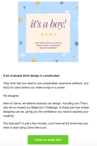 Canva welcome email introducing Beginner's Challenge