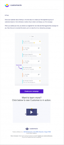 Customer.io welcome email with flowchart infographic and embedded video