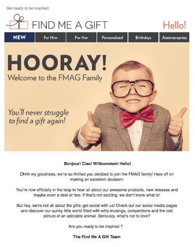 Find Me a Gift welcome email with engaging question