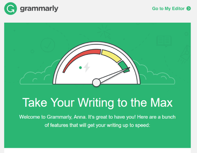 Grammarly welcome email showcasing key features with custom art