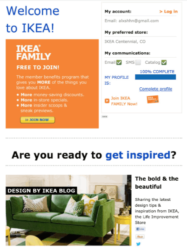 IKEA welcome email with clean design and brand-focused content