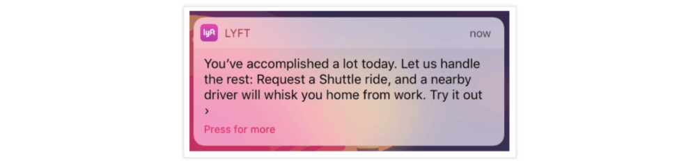 Lyft welcome push notification showing friendly copy encouraging first ride