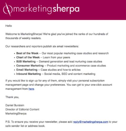 Marketing Sherpa welcome email with content preference selection
