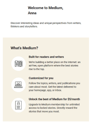 Medium welcome email with personalized reading recommendations