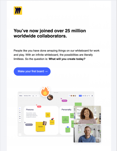 Miro welcome email highlighting community of 25 million creative users