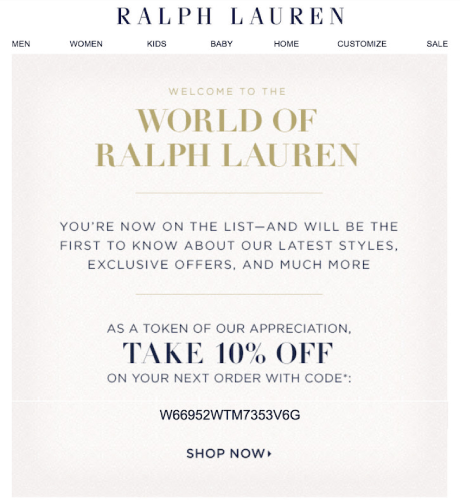 Ralph Lauren welcome email with personalized coupon code