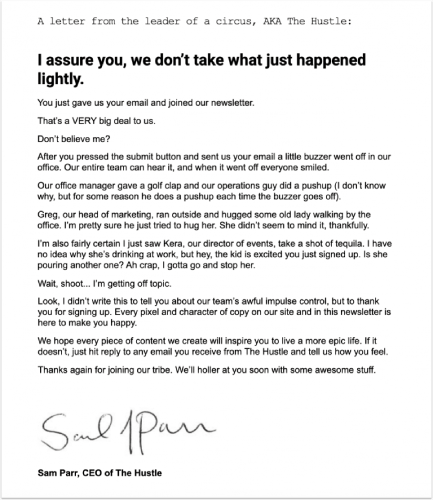 The Hustle quirky welcome email with absurdist humor