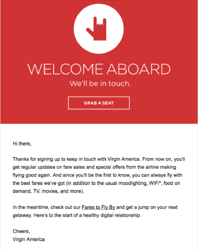 Virgin America playful welcome email with casual tone