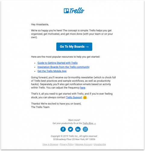Trello welcome email listing helpful resources for new users