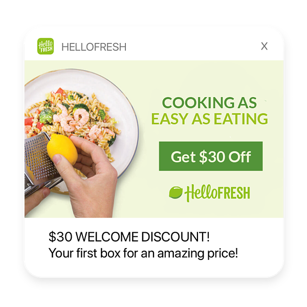 HelloFresh welcome push notification with $30 discount and appetizing meal image