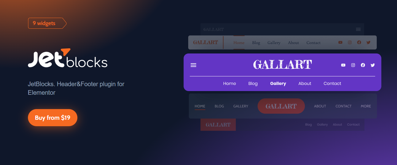 JetBlocks Elementor plugin interface showing header builder widgets with live preview