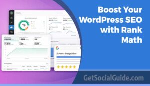 Boost WordPress SEO with Rank Math plugin showing keyword optimization, schema setup, and analytics dashboard for higher rankings