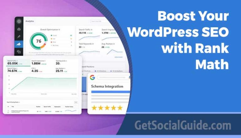 Boost WordPress SEO with Rank Math plugin showing keyword optimization, schema setup, and analytics dashboard for higher rankings