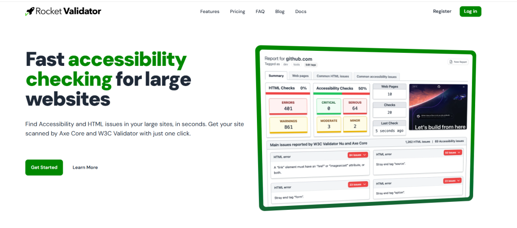 10 Top HTML Validators to Detect Errors and Optimize Your Code 9 Rocket Validator bulk HTML and accessibility validator showing site-wide validation report with issues organized by page, error type, and severity — the only tool that validates hundreds of website pages in a single automated run for large sites and web agencies