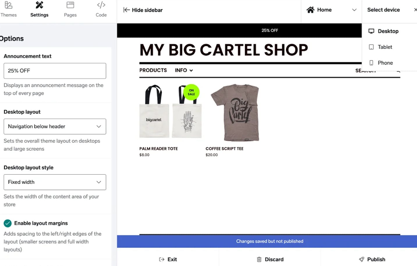 Big Cartel store editor for artists showing product editing and theme customization for creative sellers