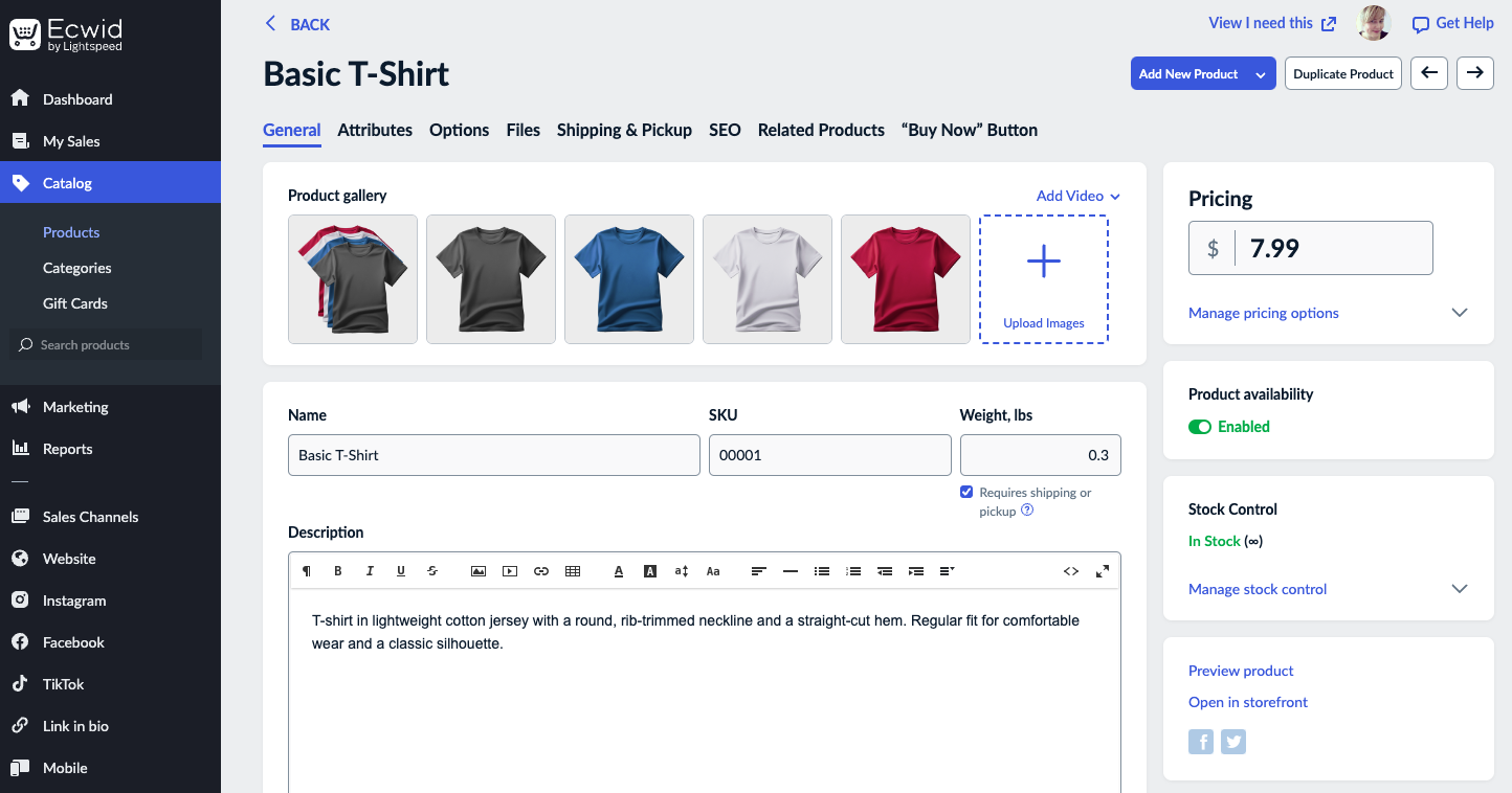 Ecwid integration with existing websites showing embed options and store management for adding a shopping cart to any site