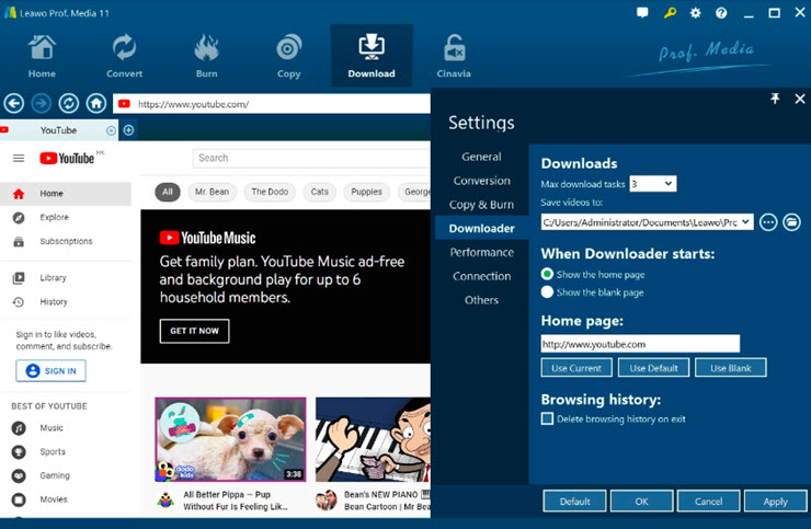 Leawo Video Downloader dashboard with URL input and download options