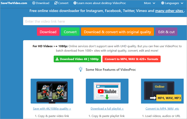 SaveTheVideo website with URL input and download quality selector