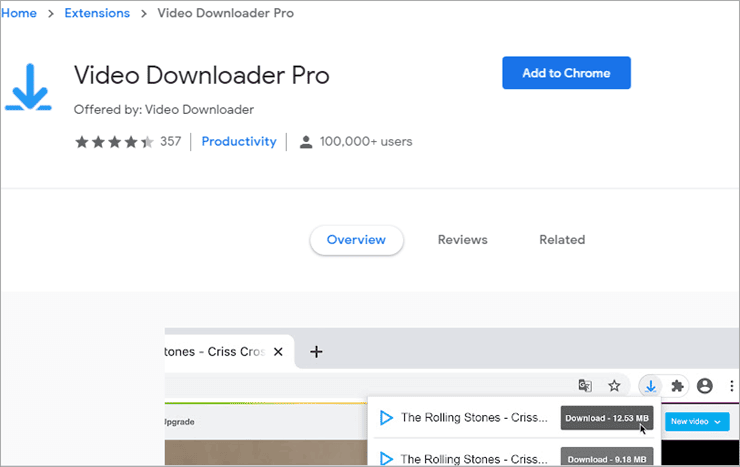 Video Downloader Pro extension showing download button on video page