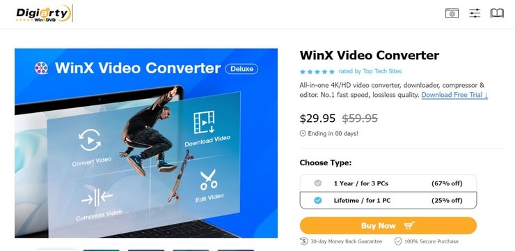 WinX Video Converter interface with download and conversion options