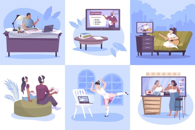 Collage vector image showing various online hobbies that can generate income: writing, photography, crafts, music, cooking