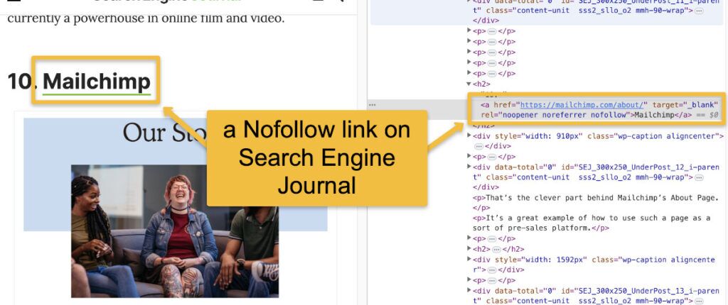 HTML code example showing a nofollow link attribute rel='nofollow'