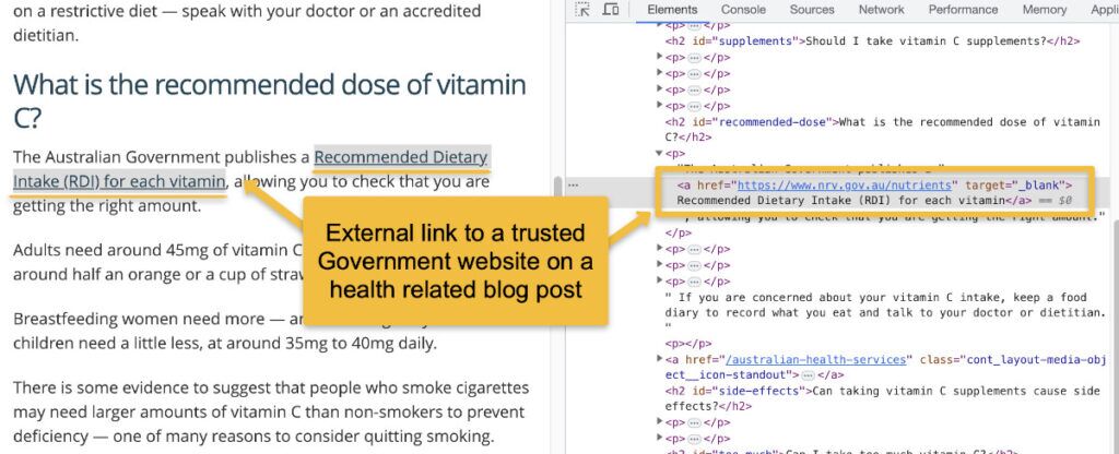 Example of linking to trusted, high-authority websites in content