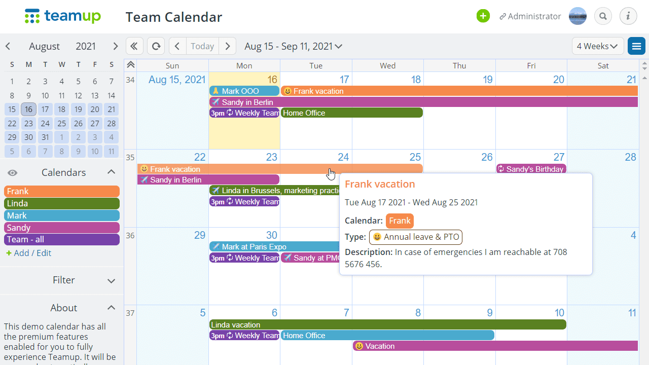 17 Best Google Calendar Alternatives 5 Teamup Calendar dashboard showing color-coded sub-calendars and events