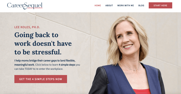 Career Sequel website showcasing coaching for moms returning to work