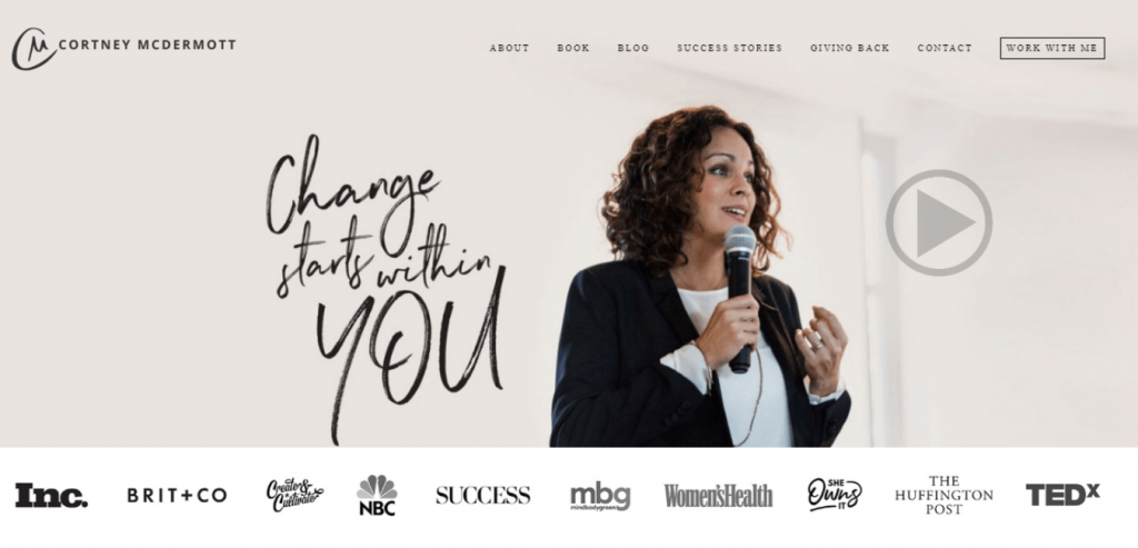 Cortney McDermott Business coaching website with personal image and video