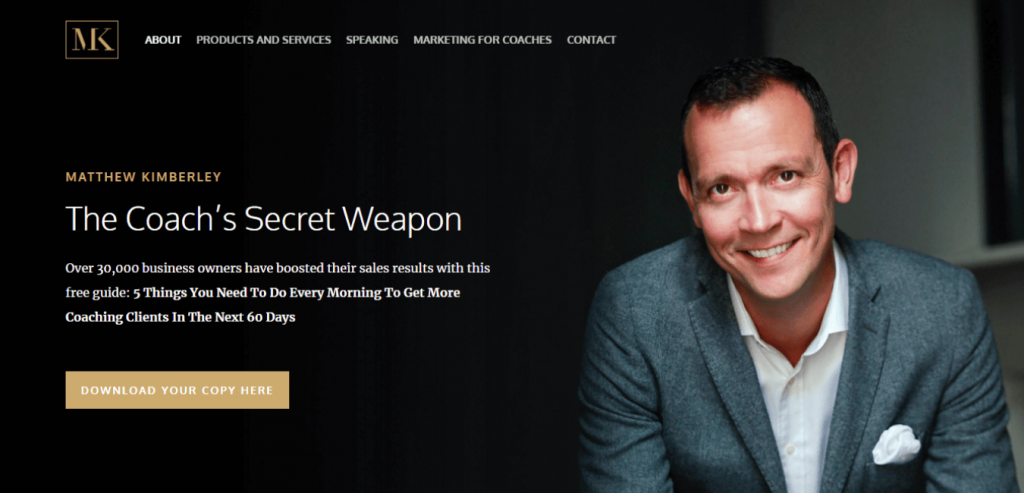 Matthew Kimberley Business coaching website with personal image and testimonials