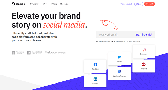 Sendible homepage showing agency-focused social media management dashboard