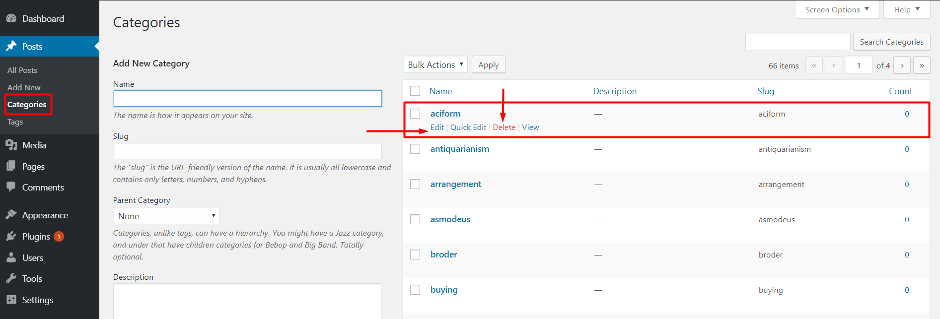 WordPress categories list with edit and delete links under each category