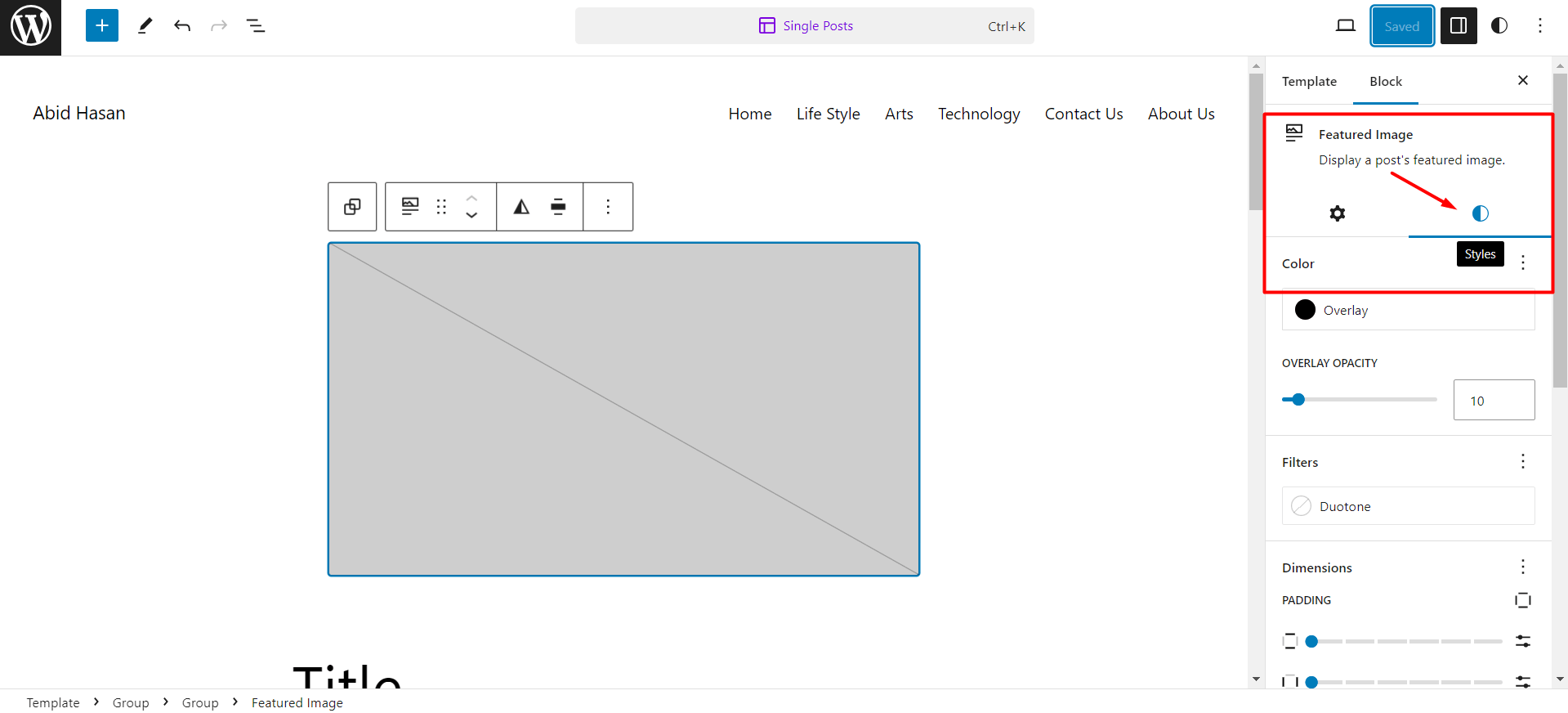 Featured Image block settings with Styles tab open
